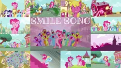 Size: 1968x1109 | Tagged: safe, derpibooru import, edit, edited screencap, editor:quoterific, screencap, amethyst star, apple bloom, apple cobbler, applejack, aura (character), berry punch, berryshine, bloo, bon bon, carrot top, cherry berry, cloud kicker, cotton cloudy, daisy, dinky hooves, dizzy twister, flower wishes, fluttershy, golden harvest, lemon hearts, linky, lyra heartstrings, minuette, noi, orange swirl, pinkie pie, piña colada, rainbow dash, rainbowshine, rarity, ruby pinch, sassaflash, scootaloo, sea swirl, seafoam, shoeshine, spring melody, sprinkle medley, sunshower raindrops, sweetie belle, sweetie drops, tornado bolt, twilight sparkle, twinkleshine, earth pony, pegasus, pony, unicorn, a friend in deed, apple bloom riding pinkie pie, apple family member, applejack's hat, barn, bipedal, bow, cowboy hat, eyes closed, female, filly, hat, image, jump rope, mane six, nose in the air, open mouth, painting, pinkie pie riding applejack, png, ponies riding ponies, riding, self ponidox, singing, smile song, solo, teeth, trotting, unicorn twilight