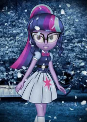 Size: 2500x3500 | Tagged: safe, artist:aryatheeditor, derpibooru import, sci-twi, twilight sparkle, equestria girls, beautiful, beautiful eyes, beautiful hair, belt, bench, blouse, bowtie, clothes, cutie mark, cutie mark on clothes, digital art, dress, element of magic, female, forest, geode of telekinesis, glasses, grin, heterochromia, image, jewelry, jpeg, leaves, looking at you, magical geodes, nerd, night, outfit, pendant, photo, powerful sparkle, relaxed, skirt, smiling, socks, solo, sparkles, tree