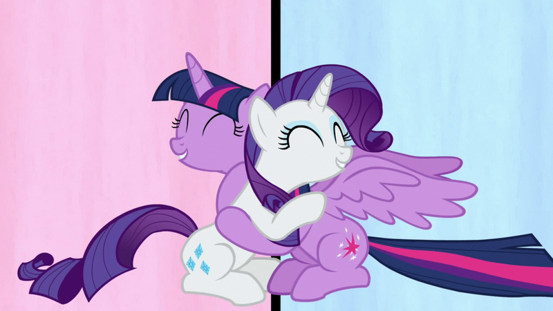 Size: 1280x720 | Tagged: safe, derpibooru import, screencap, rarity, twilight sparkle, twilight sparkle (alicorn), alicorn, pony, unicorn, fame and misfortune, female, flawless, hug, image, mare, png