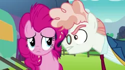 Size: 1280x720 | Tagged: safe, derpibooru import, screencap, pinkie pie, svengallop, earth pony, pony, the mane attraction, angry, clothes, eyelashes, female, frown, glare, glasses, gritted teeth, image, male, mare, necktie, outdoors, png, stallion