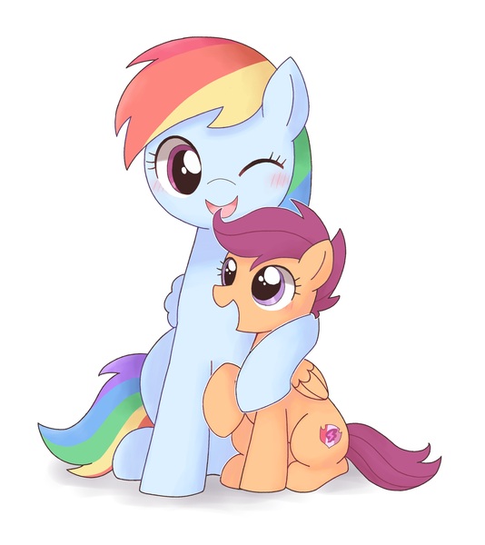 Size: 2768x3112 | Tagged: safe, artist:arrow__root, derpibooru import, rainbow dash, scootaloo, pegasus, pony, blushing, cute, cutealoo, dashabetes, duo, female, filly, high res, hug, image, jpeg, mare, one eye closed, open mouth, pixiv, scootalove, simple background, sisterly love, smiling, white background, wink