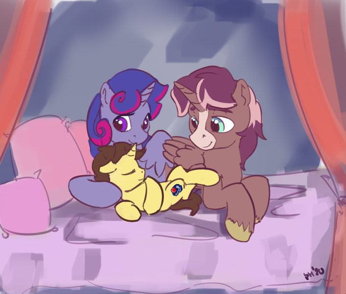 Size: 1500x1275 | Tagged: safe, artist:drafthoof, author:bigonionbean, derpibooru import, oc, oc:king speedy hooves, oc:queen galaxia, oc:tommy the human, alicorn, pony, bed, bedroom, child, colt, commissioner:bigonionbean, cute, cutie mark, daaaaaaaaaaaw, family, father and child, father and son, female, foal, fusion, fusion:king speedy hooves, fusion:queen galaxia, husband and wife, image, lying down, male, mare, mother and child, mother and son, png, royalty, sleeping, stallion