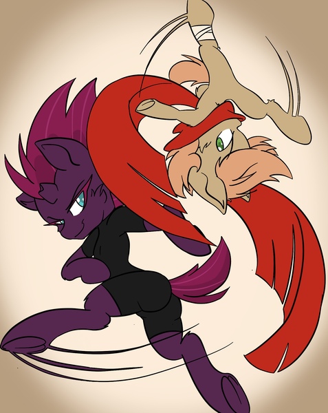 Size: 1536x1933 | Tagged: safe, artist:steelsoul, derpibooru import, tempest shadow, oc, oc:himmel, combat practice, fight, image, jpeg, master and student, smiling