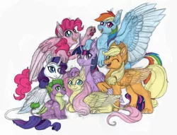 Size: 1024x783 | Tagged: safe, artist:celticsphinx, derpibooru import, applejack, fluttershy, pinkie pie, rainbow dash, rarity, spike, twilight sparkle, alicorn, dragon, sphinx, colored sketch, deviantart watermark, female, image, jpeg, male, mane seven, mane six, mane six opening poses, obtrusive watermark, one eye closed, simple background, species swap, sphinxified, twilight sparkle (alicorn), watermark, white background, winged spike, wink