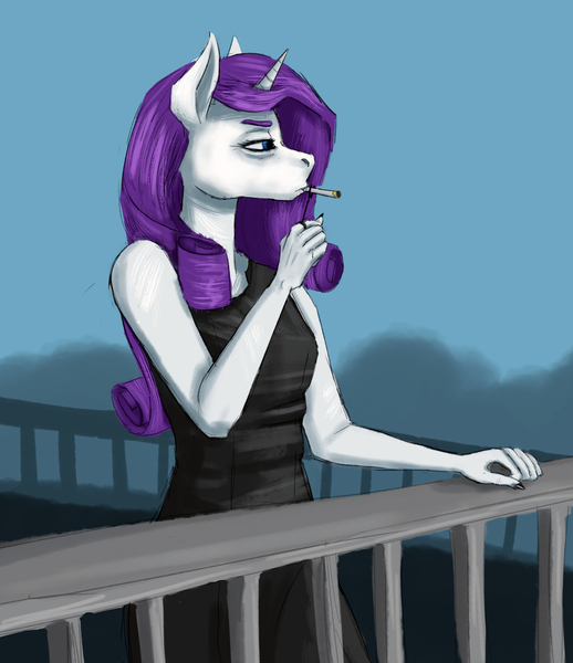 Size: 1534x1776 | Tagged: safe, artist:necromarecy, derpibooru import, rarity, anthro, unicorn, cigarette, clothes, dress, image, jpeg, lidded eyes, smoking, solo, tired