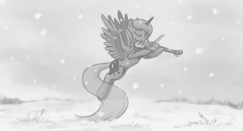 Size: 1280x689 | Tagged: safe, artist:onkelscrut, derpibooru import, princess luna, alicorn, pony, eyes closed, female, flying, grayscale, image, jpeg, mare, monochrome, musical instrument, snow, solo, spread wings, violin, wings