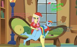 Size: 2117x1296 | Tagged: suggestive, artist:flammingbrony40, derpibooru import, fluttershy, rainbow dash, anthro, pegasus, plantigrade anthro, pony, 1000 hours in ms paint, ass, breasts, butt, caring, christmas, clothes, cute, feet, feet in the air, female, flutterdash, hand, hat, holiday, image, in love, jpeg, lesbian, living room, love, over the knee, panties, rear view, roleplaying, santa hat, shipping, spanking, story, story included, underwear