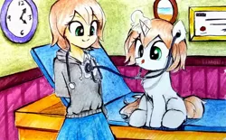 Size: 1134x704 | Tagged: safe, artist:liaaqila, derpibooru import, oc, oc:healing touch, unofficial characters only, pony, unicorn, equestria girls, checkup, clothes, commission, cute, duo, exam table, female, filly, heartbeat, hoodie, human ponidox, image, jpeg, magic, self ponidox, sitting, skirt, smiling, stethoscope, traditional art