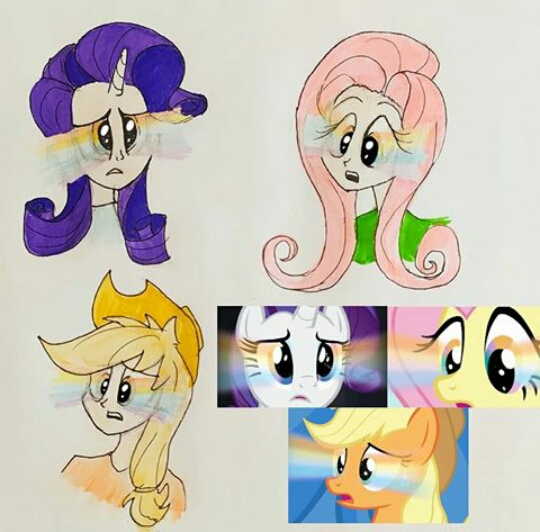 Size: 540x532 | Tagged: safe, artist:lunaart, derpibooru import, screencap, applejack, fluttershy, rarity, earth pony, human, pegasus, pony, unicorn, it ain't easy being breezies, leap of faith, rarity takes manehattan, applejack's hat, cowboy hat, hat, humanized, image, jpeg, open mouth, rainbow eyes, surprised, traditional art