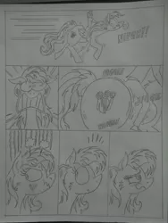 Size: 1944x2592 | Tagged: safe, artist:princebluemoon3, author:bigonionbean, derpibooru import, oc, oc:rainbow candy, oc:tommy the human, earth pony, human, pegasus, pony, comic:sisterly silliness, black and white, blushing, blushing profusely, butt, canterlot, canterlot castle, castle, child, clothes, comic, commissioner:bigonionbean, cutie mark, descriptive noise, dialogue, ear scratch, embarrassed, extra thicc, female, flank, fusion, fusion:rainbow candy, grayscale, hallway, horse noises, human oc, image, irritated, jiggle, jiggling, jpeg, male, mare, monochrome, mounting, neigh, petting, plot, relaxed, riding, riding a pony, snorting, steam, traditional art, whiskers, wings