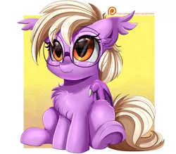 Size: 2909x2550 | Tagged: safe, artist:pridark, derpibooru import, oc, oc:pinkfull night, unofficial characters only, bat pony, pony, age regression, bat pony oc, bat wings, chest fluff, cute, ear fluff, fangs, female, filly, freckles, glasses, high res, image, ocbetes, patreon, patreon logo, patreon reward, png, sitting, smiling, solo, weapons-grade cute, wings