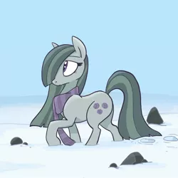 Size: 2048x2048 | Tagged: safe, artist:pfeffaroo, derpibooru import, marble pie, earth pony, pony, clothes, female, hair over one eye, high res, image, jpeg, looking away, looking up, mare, outdoors, profile, raised hoof, rock, rock farm, scarf, snow, solo, winter