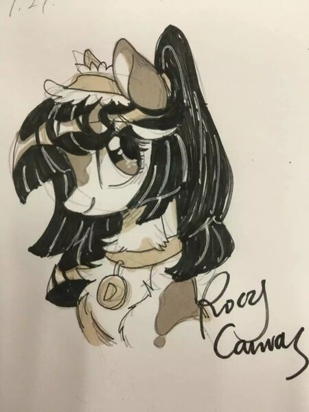 Size: 1080x1440 | Tagged: safe, artist:rocy canvas, derpibooru import, oc, unofficial characters only, pony, chest fluff, collar, cute, female, image, jpeg, looking at you, mare, monochrome, smiling, solo, traditional art