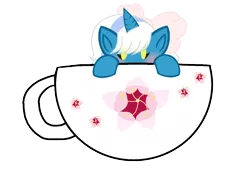 Size: 1266x898 | Tagged: safe, artist:ktheblobartist, derpibooru import, oc, oc:fleurbelle, alicorn, pony, alicorn oc, blushing, bow, chibi, cup, cup of pony, female, flower, hair bow, horn, image, mare, micro, png, simple background, teacup, transparent background, wings