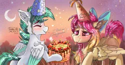 Size: 2500x1300 | Tagged: safe, artist:dreamyskies, artist:dreamyskiesarts, derpibooru import, oc, oc:dreamer skies, unofficial characters only, pegasus, pony, accessories, background pony, birthday, birthday cake, birthday gift, blushing, bowtie, cake, chest fluff, cyrillic, dream, ear fluff, eyes closed, female, floppy ears, fluffy, food, forest, forest background, grass, grass field, heart eyes, image, male, mare, moon, pegasus oc, png, present, russian, scenery, shy, smiling, sparkles, stallion, stars, sunset, text, tongue out, tree, wingding eyes, wings