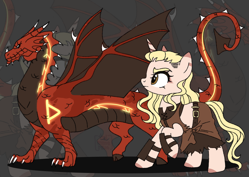 Size: 5200x3700 | Tagged: safe, artist:elberas, derpibooru import, oc, oc:inferno (dragon), oc:swift breeze (viking), unofficial characters only, dragon, pony, unicorn, belt, clothes, dragon oc, duo, female, image, male, mare, markings, png, raised hoof, shirt, skirt, viking, zoom layer