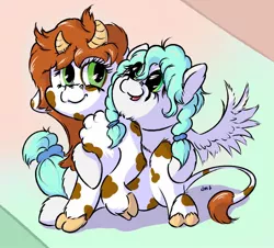 Size: 1280x1156 | Tagged: safe, artist:daisyminttea, derpibooru import, oc, oc:dinty gadget, oc:glassy sky, unofficial characters only, cow, pegasus, pony, cow oc, female, horns, hug, image, jpeg, mare, pegasus oc, simple background, sketch, wings