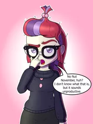 Size: 3000x4000 | Tagged: safe, artist:thealjavis, derpibooru import, moondancer, comic:no nut moondancer, equestria girls, breasts, clothes, dialogue, equestria girls-ified, female, glasses, image, no nut november, png, simple background, solo, sweater