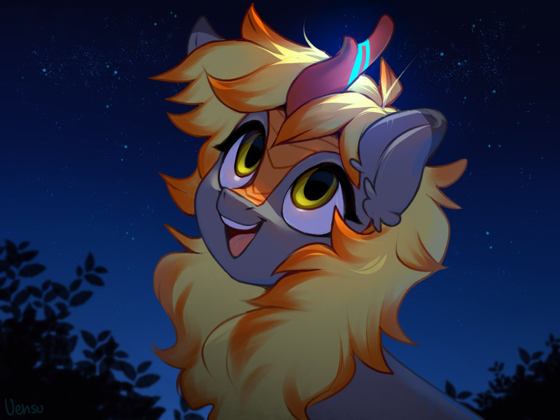 Size: 2000x1500 | Tagged: safe, artist:vensual99, derpibooru import, oc, oc:electra pleiades, unofficial characters only, kirin, ear fluff, glowing horn, horn, image, night, open mouth, png, smiling, solo, stars