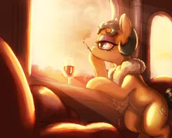 Size: 2500x2000 | Tagged: safe, artist:t72b, derpibooru import, cleopatra jazz, earth pony, pony, alcohol, chair, cigarette, glass, image, pillow, png, sitting, smoking, solo, sunset, window, wine, wine glass