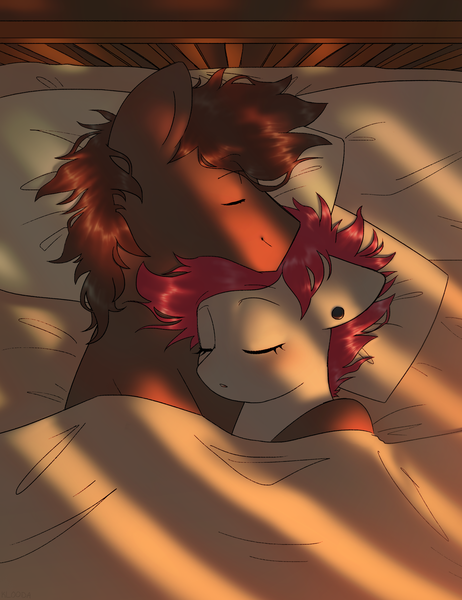 Size: 2192x2848 | Tagged: safe, artist:klooda, derpibooru import, oc, oc:brewer, oc:noble brew, oc:rose red, earth pony, pony, bed, bedroom, bedsheets, commission, couple, cuddling, cute, daaaaaaaaaaaw, ear piercing, earring, earth pony oc, eyes closed, female, floppy ears, hug, image, jewelry, male, mare, morning, open mouth, piercing, pillow, png, sleeping, smiling, stallion, sun ray, ych result