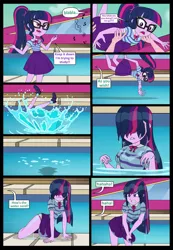 Size: 1024x1480 | Tagged: suggestive, artist:serisabibi, derpibooru import, sci-twi, twilight sparkle, equestria girls, angry, clothes, comic, glasses, glasses off, image, jpeg, laughing, sci-twi is not amused, soaked, splash, swimming pool, teasing, water, wet, wet clothes, wet hair