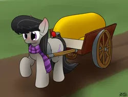 Size: 2450x1858 | Tagged: safe, artist:the-furry-railfan, derpibooru import, octavia melody, earth pony, pony, fanfic:a prim party planner's puffy predicament, blushing, cart, clothes, dirt road, fanfic art, female, helium tank, image, png, pulling, scarf, solo, story included, striped scarf, this will end in balloons