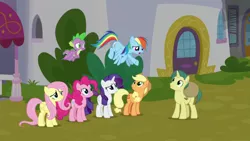 Size: 1920x1080 | Tagged: safe, derpibooru import, screencap, applejack, dandy dispatch, fluttershy, pinkie pie, rainbow dash, rarity, spike, dragon, earth pony, pegasus, pony, the ending of the end, image, png, winged spike