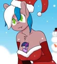 Size: 854x968 | Tagged: suggestive, artist:crabbito, derpibooru import, twilight sparkle, oc, oc:flushie, anthro, between breasts, boob squish, breasts, chest fluff, christmas, clothes, costume, holiday, image, png, santa costume, snow, snowman