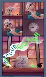 Size: 750x1250 | Tagged: safe, artist:violettacamak, derpibooru import, mayor mare, earth pony, pony, comic:royal pains, bored, clock, evening, facedesk, female, glasses, groan, hooves, image, inkwell, jpeg, mare, office, open mouth, pen, quill, solo, tired