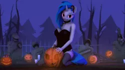 Size: 1920x1080 | Tagged: safe, artist:gr-vinyl-scratch, derpibooru import, vinyl scratch, anthro, 3d, breasts, busty vinyl scratch, graveyard, halloween, holiday, image, jpeg, pumpkin, source filmmaker, tombstones