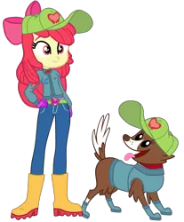 Size: 1942x2348 | Tagged: safe, artist:gmaplay, derpibooru import, apple bloom, winona, dog, equestria girls, boots, bow, cap, clothes, duo, duo female, energy drink, female, hand on hip, hat, image, open mouth, png, race, racing, racing girl, racing suit, red bull, shoes, simple background, tongue out, transparent background, vector