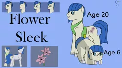 Size: 1280x720 | Tagged: safe, artist:schumette14, derpibooru import, oc, oc:flower sleek, earth pony, flower, image, jpeg, next generation, parent:blueberry curls, parent:lockdown, parents:blueberrydown, parents:lockcurls, redesign, story included, twin