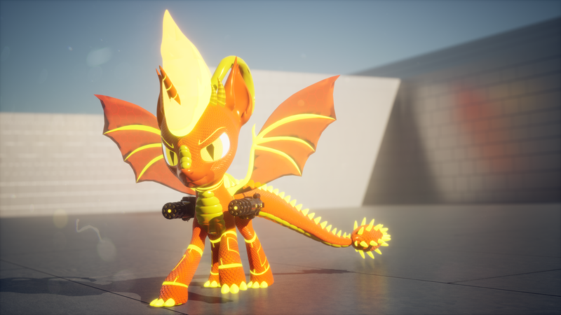 Size: 3840x2160 | Tagged: safe, artist:phoenixtm, derpibooru import, oc, oc:delta firedash, alicorn, pony, robot, robot pony, 3d, dual miniguns, image, lens flare, looking at camera, metallic, png, robot dracony, scales, shiny, spread wings, unreal engine, weapon, wings