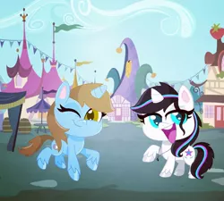 Size: 1080x972 | Tagged: safe, artist:rxndxm.artist, derpibooru import, oc, oc:shooting star, unofficial characters only, pony, unicorn, my little pony: pony life, :d, duo, eyelashes, female, horn, image, jpeg, mare, open mouth, outdoors, raised hoof, smiling, unicorn oc