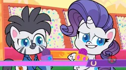 Size: 1671x929 | Tagged: safe, derpibooru import, screencap, rarity, pony, unicorn, zebra, my little pony: pony life, the rarity report, spoiler:pony life s01e25, herd happily, image, jpeg, treehouse logo