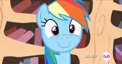 Size: 1917x1001 | Tagged: safe, derpibooru import, screencap, rainbow dash, pony, testing testing 1-2-3, :c, frown, golden oaks library, hub logo, hubble, image, inverted mouth, library, png, solo