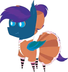 Size: 5699x6073 | Tagged: safe, artist:tikibat, derpibooru import, oc, oc:stardust, oc:stardust(cosmiceclipse), unofficial characters only, bat pony, pony, bat pony oc, bat wings, bow, clothes, crossdressing, derpibooru exclusive, dress, ear fluff, fangs, femboy, hair bow, image, male, membranous wings, png, ponytail, simple background, slit eyes, slit pupils, socks, solo, stallion, striped socks, transparent background, wings