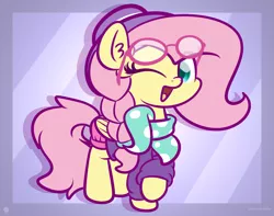 Size: 3250x2560 | Tagged: safe, artist:kimjoman, derpibooru import, fluttershy, pegasus, pony, alternate hairstyle, bandana, clothes, cute, ear fluff, fedora, female, glasses, hat, hipstershy, image, mare, one eye closed, open mouth, png, raised hoof, shorts, shyabetes, solo, sweater, wink, woke