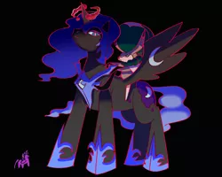 Size: 1280x1024 | Tagged: safe, artist:tzc, derpibooru import, nightmare moon, twilight sparkle, armor, black background, calyrex, dynamax, gigantamax, image, macro/micro, png, pokémon, pokemon sword and shield, simple background, size difference