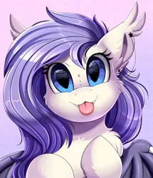 Size: 1722x2003 | Tagged: safe, artist:pridark, derpibooru import, oc, oc:star violet, unofficial characters only, bat pony, pony, :3, :p, bat pony oc, bat wings, bust, commission, cute, cute little fangs, ear piercing, fangs, female, image, looking at you, piercing, png, portrait, solo, tongue out, weapons-grade cute, wings