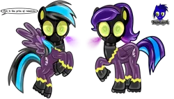 Size: 7680x4392 | Tagged: safe, artist:damlanil, derpibooru import, oc, oc:nightlight aura, oc:star eyes, pegasus, pony, boots, clothes, collar, commission, costume, duo, female, flying, gas mask, hazmat pony drone, heart, heart eyes, image, implied nightmare moon, latex, looking at you, mare, mask, png, raised hoof, rubber, rubber drone, shadowbolt drone, shadowbolts, shadowbolts (nightmare moon's minions), shadowbolts costume, shiny, shiny mane, shoes, show accurate, simple background, story, transformation, transparent background, vector, wingding eyes, wings