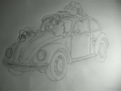 Size: 4000x3000 | Tagged: safe, artist:cobra0281, derpibooru import, pinkie pie, earth pony, human, pony, equestria girls, car, cutie mark, female, grayscale, image, jpeg, monochrome, pencil drawing, photo, traditional art, upside down, volkswagen, volkswagen beetle