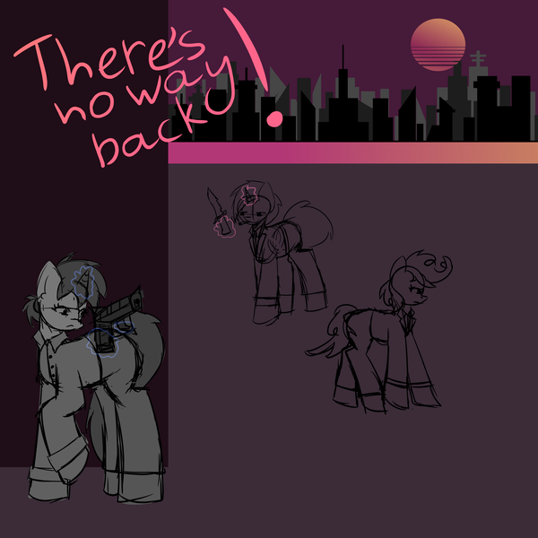 Size: 3000x3000 | Tagged: safe, artist:menalia, derpibooru import, oc, oc:freezy coldres, oc:stolen diamonds, unnamed oc, unofficial characters only, earth pony, pony, unicorn, aesthetics, cigarette, city, clothes, emotionless, female, gloves, gun, horn, image, implied death, knife, mafia, magic, magic aura, male, mare, pants, png, scared, shirt, shoes, sketch, smoking, stallion, sun, text, water, weapon, wip