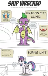 Size: 1516x2402 | Tagged: suggestive, artist:perfectblue97, derpibooru import, princess flurry heart, spike, alicorn, crab, dragon, 2 panel comic, bed, burned, comic, commission, hospital, image, implied flurryspike, implied interspecies, implied sex, lying, pillow, png, poster, sexually transmitted disease, text, younger