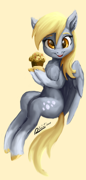 Size: 1080x2250 | Tagged: safe, artist:raphaeldavid, derpibooru import, derpy hooves, pegasus, pony, chest fluff, cloven hooves, cute, derpabetes, female, food, image, looking at you, mare, muffin, open mouth, png, signature, simple background, solo, unshorn fetlocks, yellow background