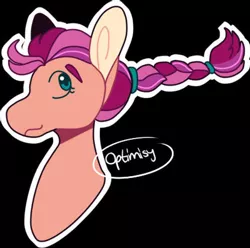 Size: 400x397 | Tagged: safe, artist:optimisy, derpibooru import, sunny starscout, earth pony, pony, black background, braid, bust, female, g5, image, jpeg, mare, portrait, signature, simple background, solo