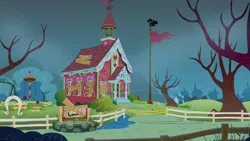 Size: 1280x720 | Tagged: safe, derpibooru import, screencap, hearts and hooves day (episode), background, image, no pony, png, ponyville, ponyville schoolhouse, scenic ponyville, tree
