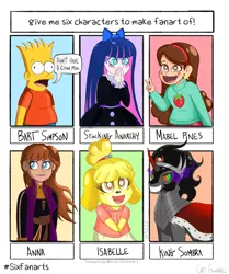Size: 2911x3489 | Tagged: safe, artist:insomniaqueen, derpibooru import, king sombra, dog, human, pony, unicorn, six fanarts, :d, animal crossing, anna, bart simpson, bust, cape, clothes, crossover, female, frozen (movie), gravity falls, image, isabelle, mabel pines, male, open mouth, panty and stocking with garterbelt, png, smiling, sombra eyes, stallion, the simpsons