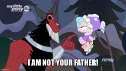 Size: 800x450 | Tagged: safe, derpibooru import, edit, edited screencap, screencap, cozy glow, lord tirek, centaur, pegasus, pony, frenemies (episode), caption, clothes, cozy glow is not amused, daddy tirek, discovery family logo, duo, female, filly, foal, hat, image, image macro, jpeg, male, night, nose piercing, nose ring, piercing, pointing, text, tree, winter outfit